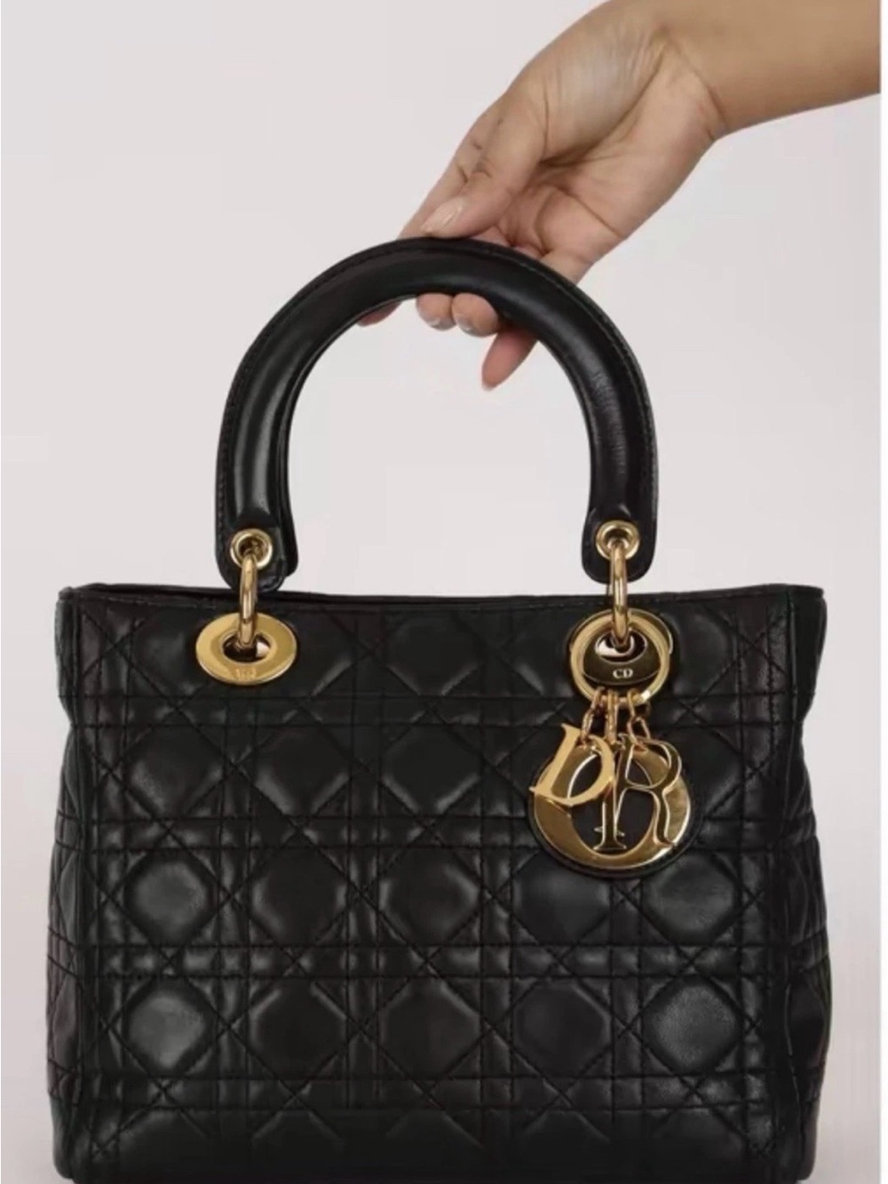 Lady Dior Medium size Black Quilted Cannage Leather handbag with Gold Charms